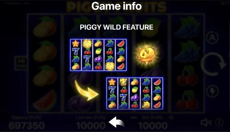 Piggy Fruits - game screen with a 5x4 grid and fruit symbols